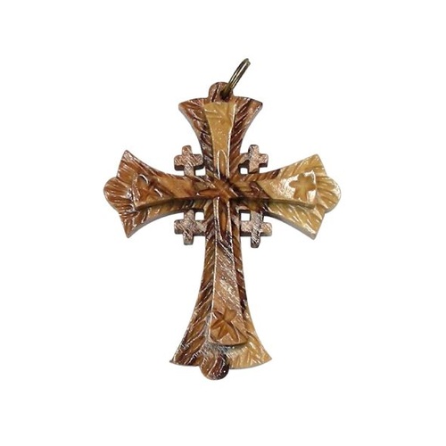 2 LAYER (JERUSALEM) CROSS 5CM ON CORD OLIVE WOOD
