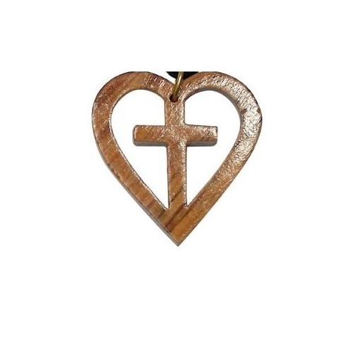 CROSS IN HEART 4CM ON CORD OLIVE WOOD