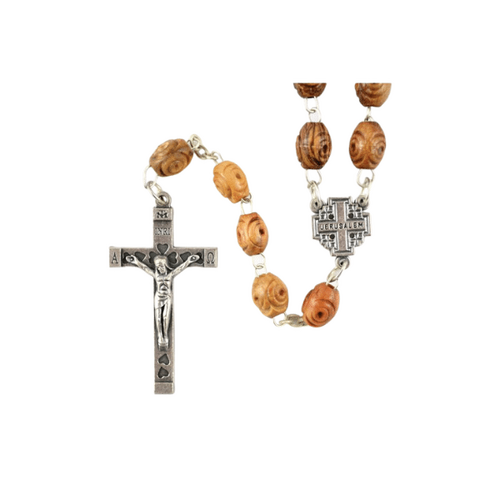 OLIVE WOOD ROSARY CARVED BEAD/CROSS CENTRE/ METAL CRUCIFIX 4cmm (boxed)