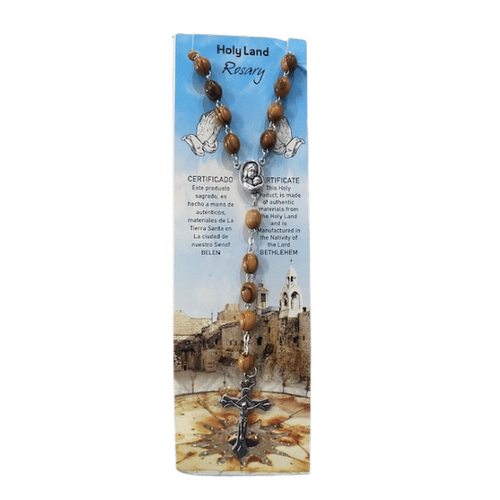 HOLY LAND OLIVE WOOD ROSARY ON CARD (CHURCH OF NATIVITY) WITH SOIL