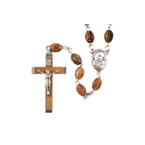OLIVE WOOD ROSARY CARVED BEAD/ MARY CENTRE / WOOD CRUCIFIX 4cm (boxed)