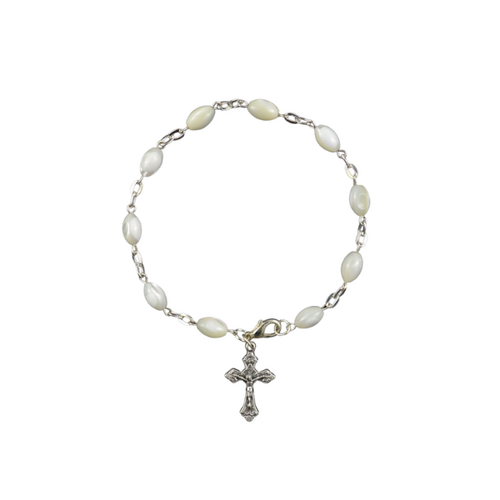 MOTHER OF PEARL ROSARY BRACELET WITH CRUCIFIX 2CM