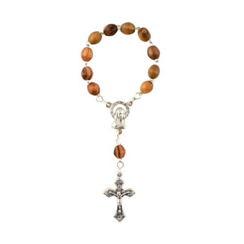 OLIVE WOOD FINGER ROSARY/ MARY CENTRE/ METAL CRUCIFIX 3cm