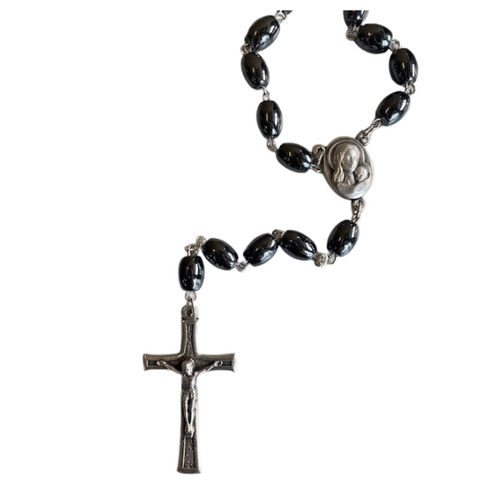 ROSARY HEMATITE BEAD / MARY CENTRE / METAL CRUCIFIX  4cm (boxed)