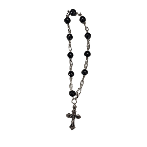 ROSARY BRACELET 3MM HEMATITE BEADS WITH CRUCIFIX 2cm