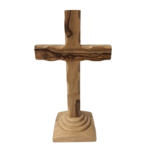 OLIVE WOOD SCALLOPED EDGE CROSS ON STAND 12CM