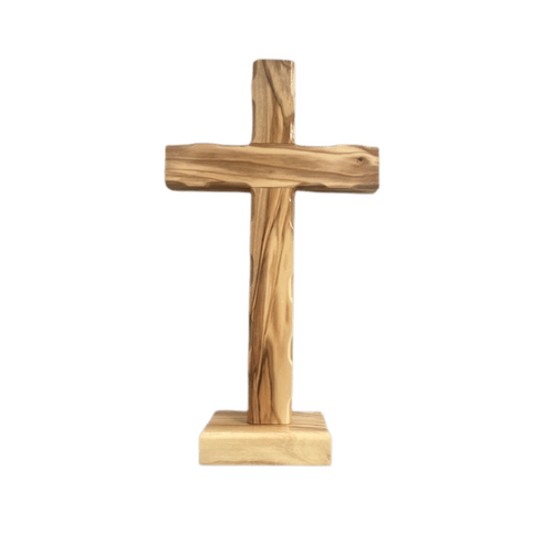 OLIVE WOOD SCALLOPED EDGE CROSS ON STAND 25cm 