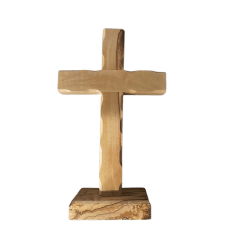 OLIVE WOOD SCALLOPED EDGE CROSS ON STAND 16CM 