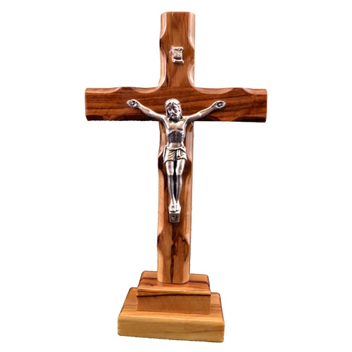 OLIVE WOOD SCALLOPED EDGE CRUCIFIX ON STAND 12cm