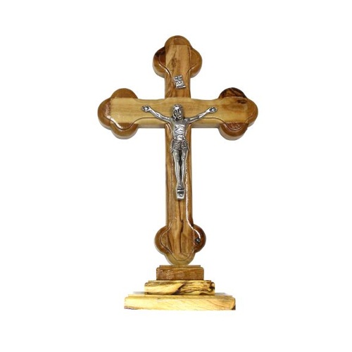 OLIVE WOOD TREFOIL CRUCIFIX ON STAND 12cm