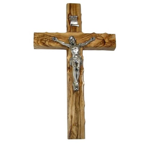 OLIVE WOOD SCALLOPED EDGE CRUCIFIX METAL BODY 16CM