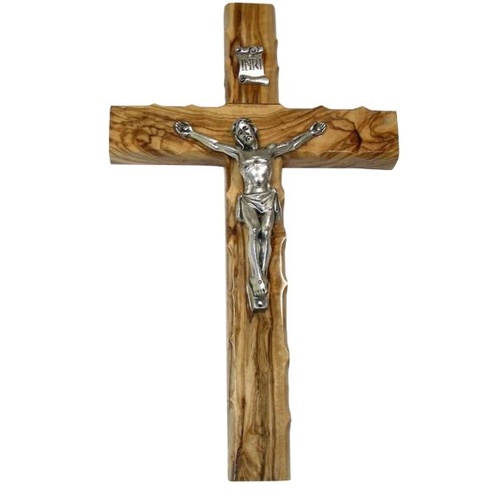 OLIVE WOOD SCALLOPED EDGE CRUCIFIX METAL BODY 25cm