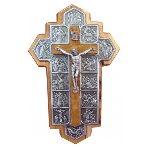 OLIVE WOOD CRUCIFIX WITH 14 STATIONS 14CM