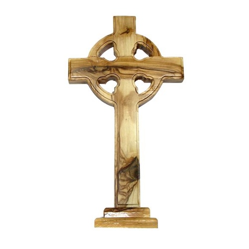 OLIVE WOOD CELTIC CROSS ON STAND 15cm