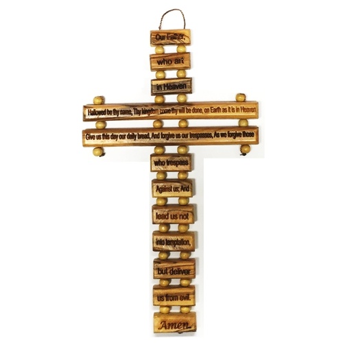 OLIVE WOOD WALL CROSS OUR FATHER 22cm