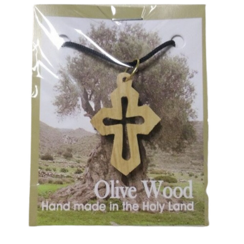 CROSS CUT OUT CHARM POINTY 3.5CM ON CORD OLIVE WOOD