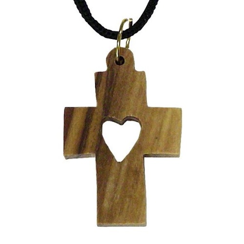 CROSS WITH HEART 3.5CM ON CORD OLIVE WOOD