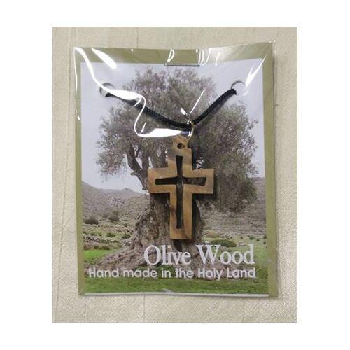 CROSS CUT OUT CHARM 3CM ON CORD OLIVE WOOD