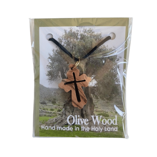 CROSS CUT OUT CHARM CLUBBED 3CM ON CORD OLIVE WOOD