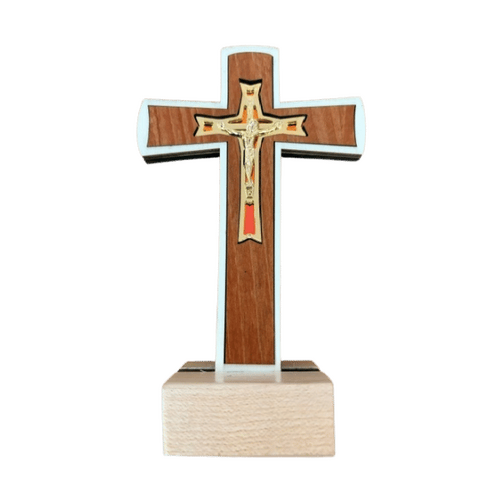 STANDING CRUCIFIX WITH GOLD CORPUS - 14CM DARK WOOD