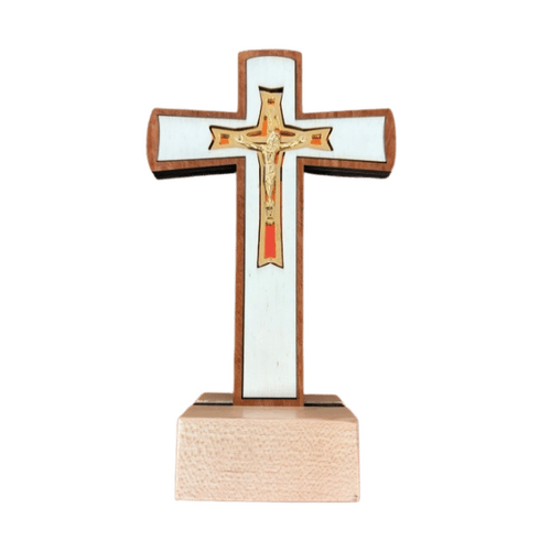 STANDING CRUCIFIX WITH GOLD CORPUS - 14CM LIGHT WOOD