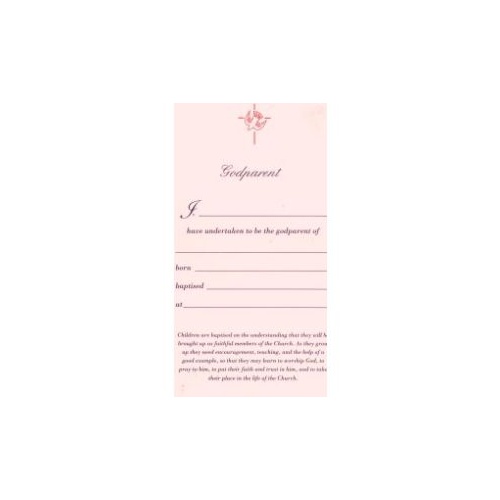 CERTIFICATE FOR GODPARENT WITH IMAGE OF DOVE AND CROSS. PRINTED ON PINK PAPER 