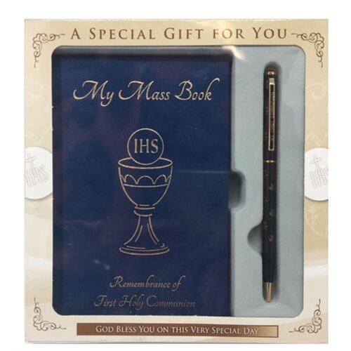 COMMUNION MASS BOOK AND PEN SET BLUE 