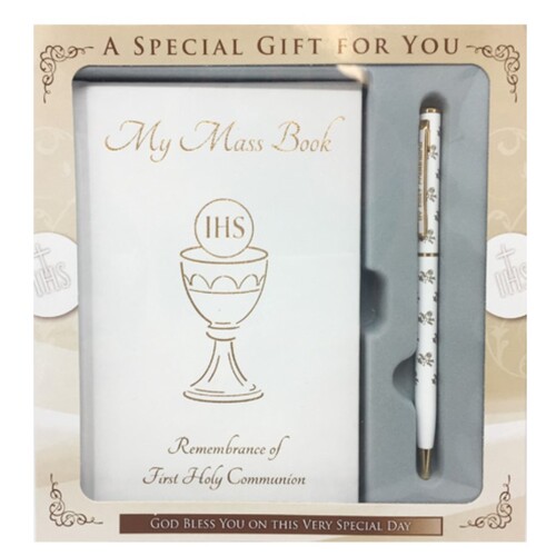 COMMUNION MASS BOOK AND PEN SET WHITE 