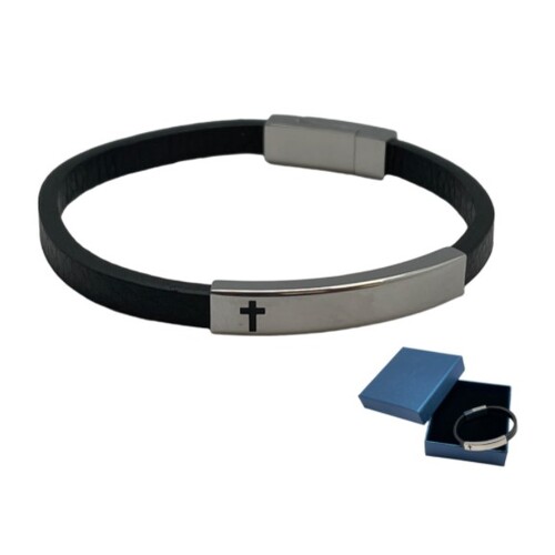 STAINLESS STEEL/LEATHER BRACELET WITH CROSS