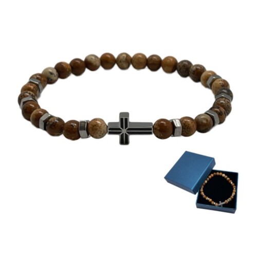 STONE/STAINLESS STEEL BRACELET WITH CROSS