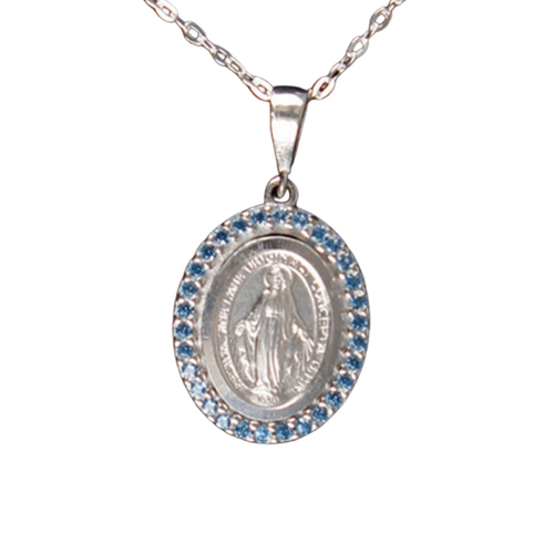 MEDAL OUR LADY & CHAIN SET STERLING SILVER- BLUE 
