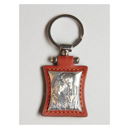 KEYRING S/S BROWN LEATHER HOLY FAMILY