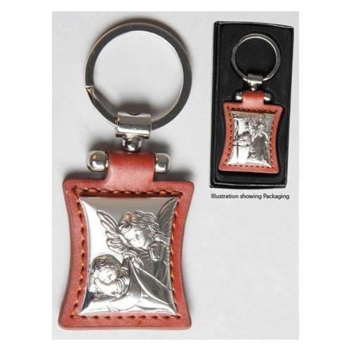 KEYRING S/S BROWN LEATHER ANGELS