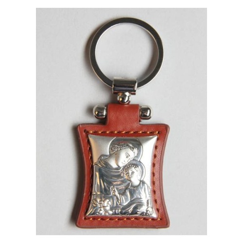 KEYRING S/S BROWN LEATHER ST ANTHONY
