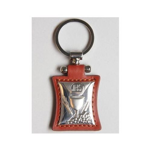KEYRING S/S BROWN LEATHER COMMUNION  