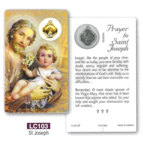 HOLY CARD LAMINATED WITH MEDAL St Joseph 