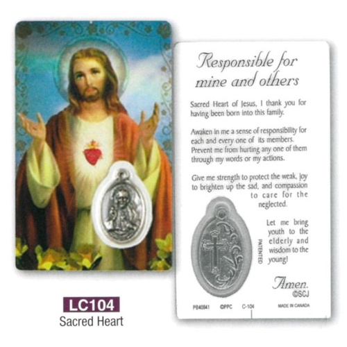 HOLY CARD LAMINATED WITH MEDAL Sacred Heart of Jesus
