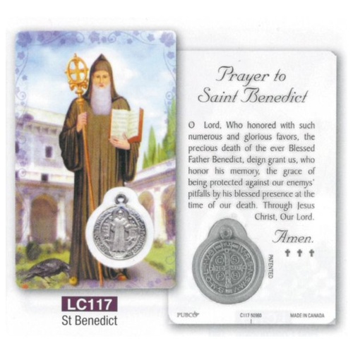 HOLY CARD LAMINATED WITH MEDAL St Benedict