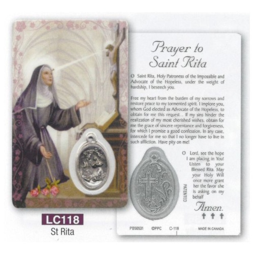 HOLY CARD LAMINATED WITH MEDAL St Rita