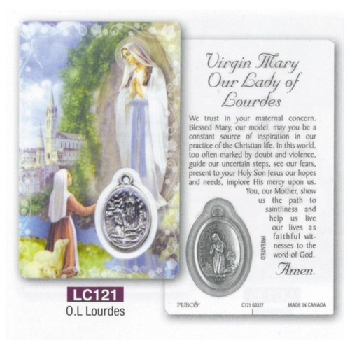 HOLY CARD LAMINATED WITH MEDAL Our Lady of Lourdes