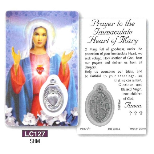 HOLY CARD LAMINATED WITH MEDAL Immaculate Heart of Mary 