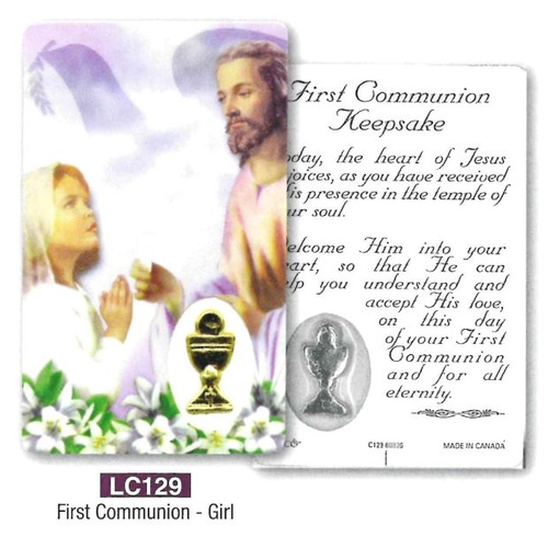 HOLY CARD LAMINATED WITH MEDAL First Communion Girl 