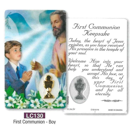 HOLY CARD LAMINATED WITH MEDAL First Communion Boy 