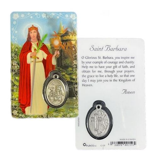 HOLY CARD LAMINATED WITH MEDAL St Barbara