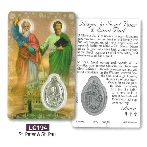 HOLY CARD LAMINATED WITH MEDAL St Peter (Pierre) & St Paul 