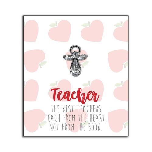 TEACHER LAPEL PIN CRYSTAL ANGEL ON CARD
