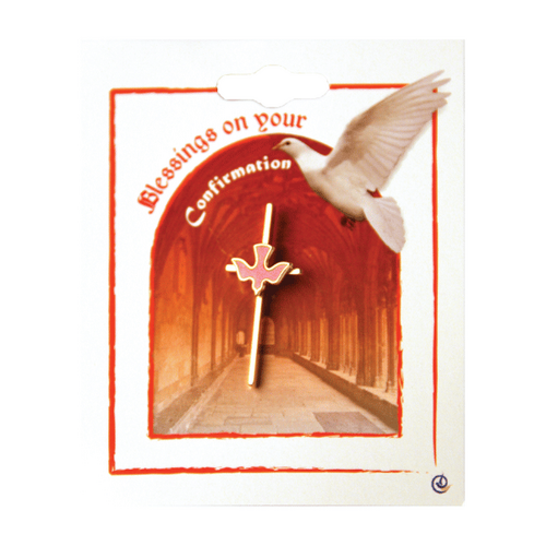 CONFIRMATION LAPEL PIN GOLD CROSS AND RED DOVE 