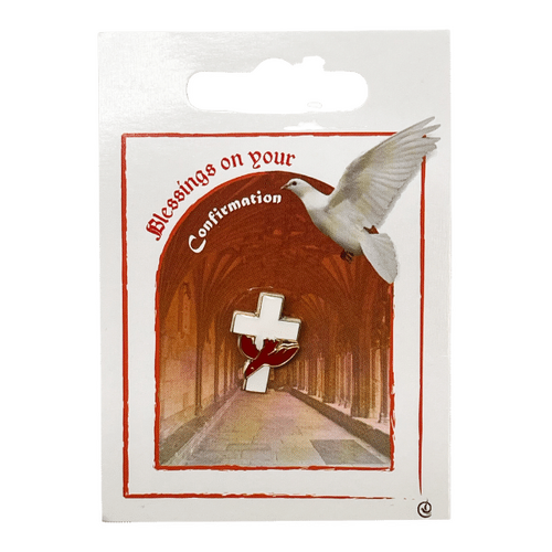 CONFIRMATION LAPEL PIN WHITE CROSS AND RED DOVE