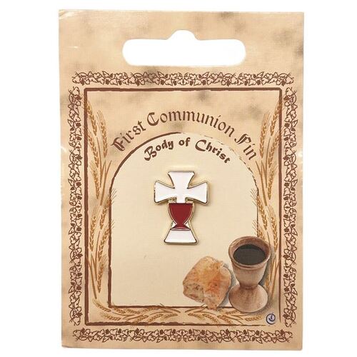 COMMUNION LAPEL PIN WHITE CROSS AND RED CHALICE 