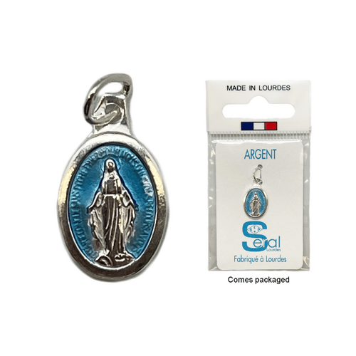 MIRACULOUS MEDAL STERLING SILVER BLUE ENAMEL 14mm SMALL